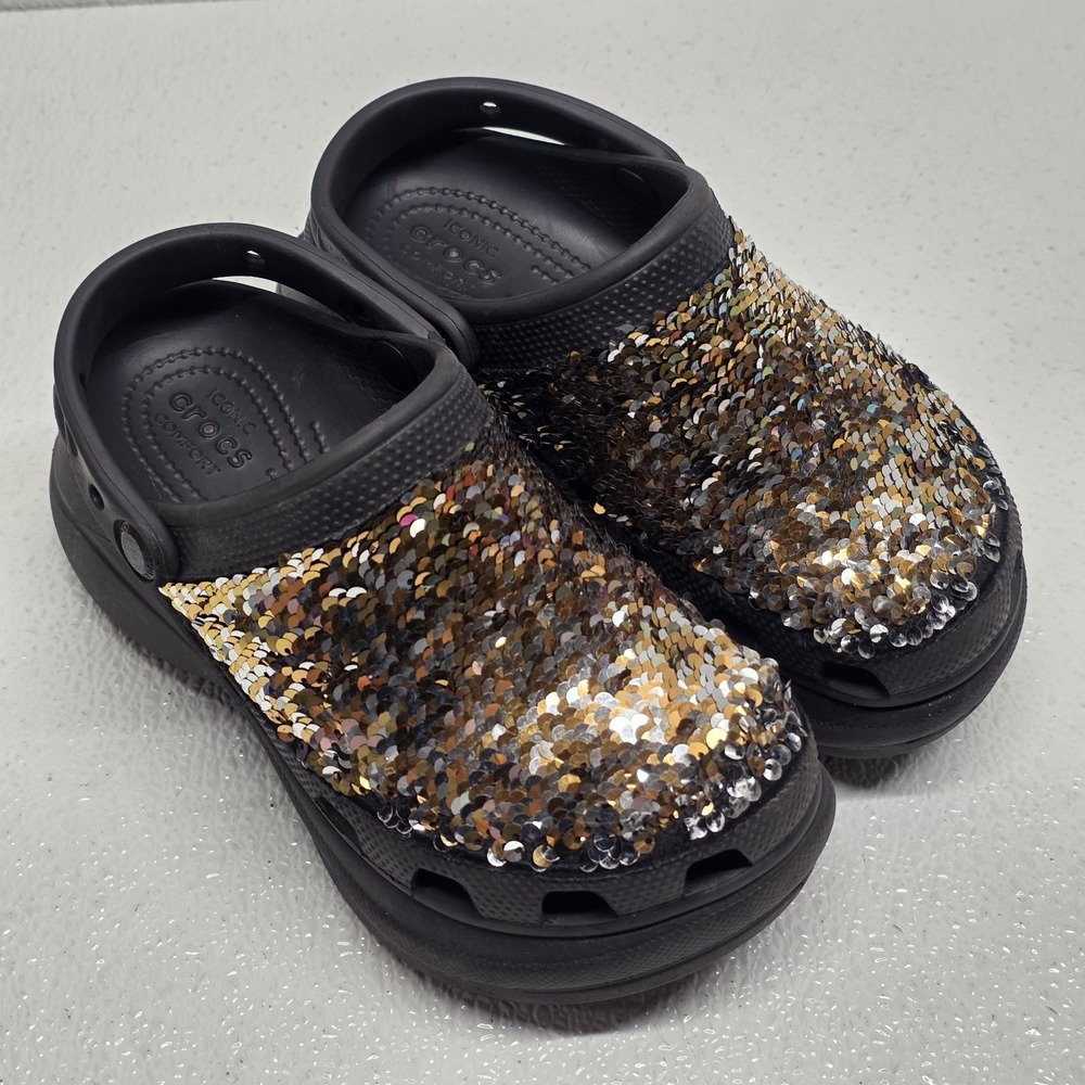 CROCS Womens Size 5 Classic Bae Gold / Black Sequin Platform Clog